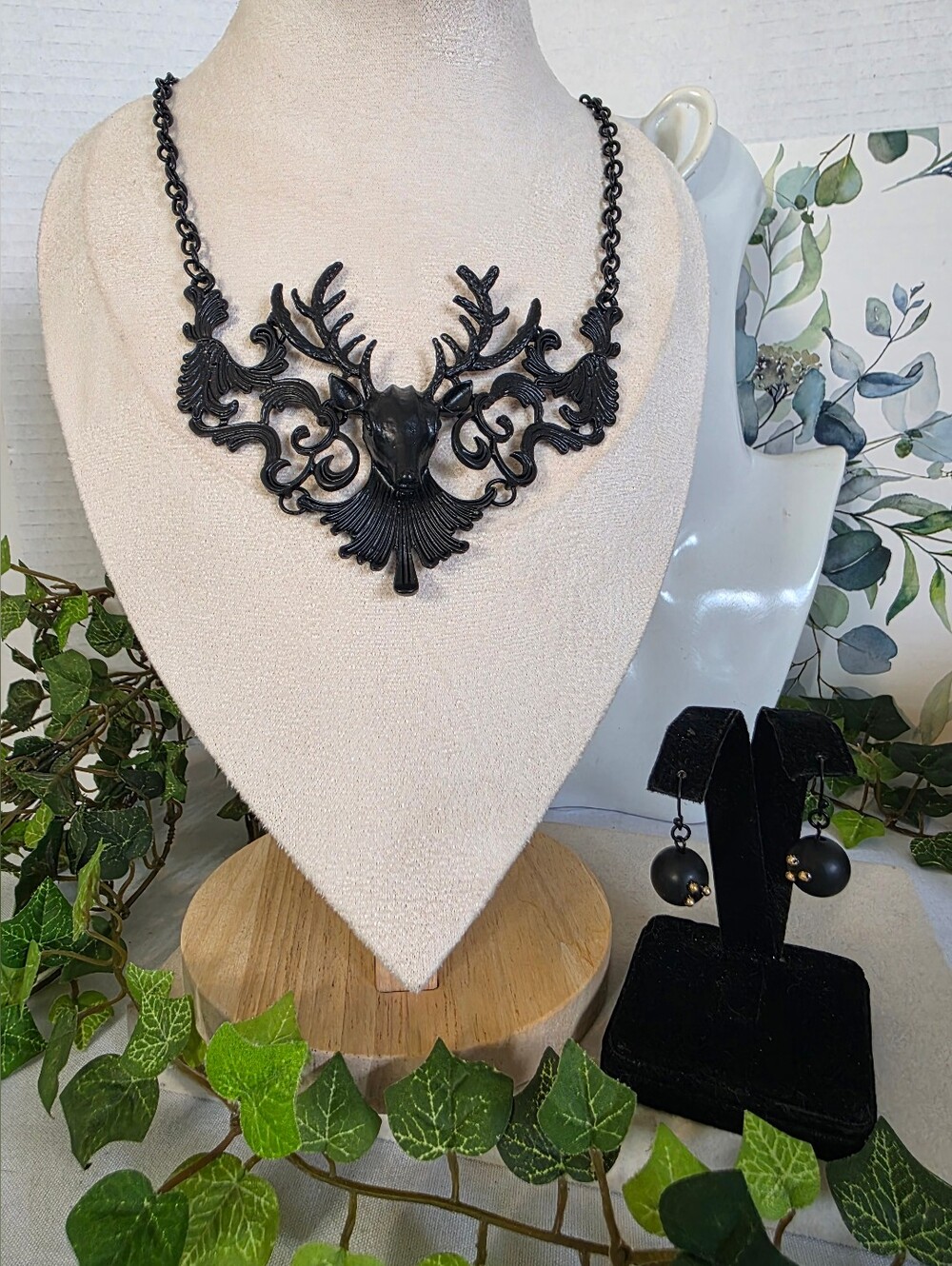 Matte Black Gothic Stag Deer Antler Statement Necklace & Orb Earrings Set